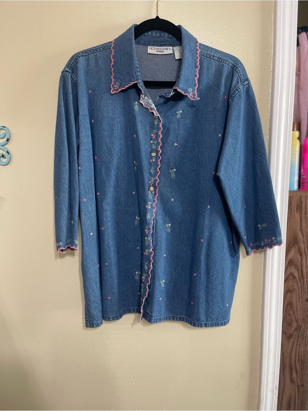 Victoria Jones Woman Denim Button-Up Top with Pink Trim